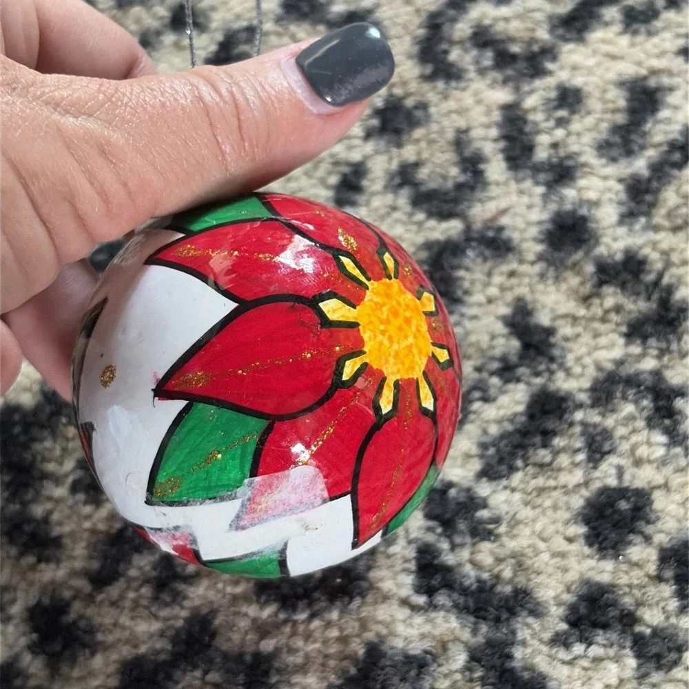 Hand Painted Floral - Clay Terra Cotta Ornament Ball Mexico -‎ Poinsetta Holiday